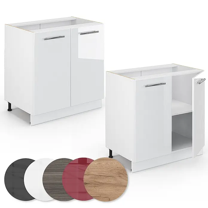 Vicco Schrankküche Fame-Line Weiß Hochglanz mit Regal, ohne Arbeitsplatte - Weiß Hochglanz, Unterschrank 80 cm - Weißer Hochglanz-Unterschrank, einer mit offener Tür und Innenregal. Inklusive Farbmuster und Materialauswahl.