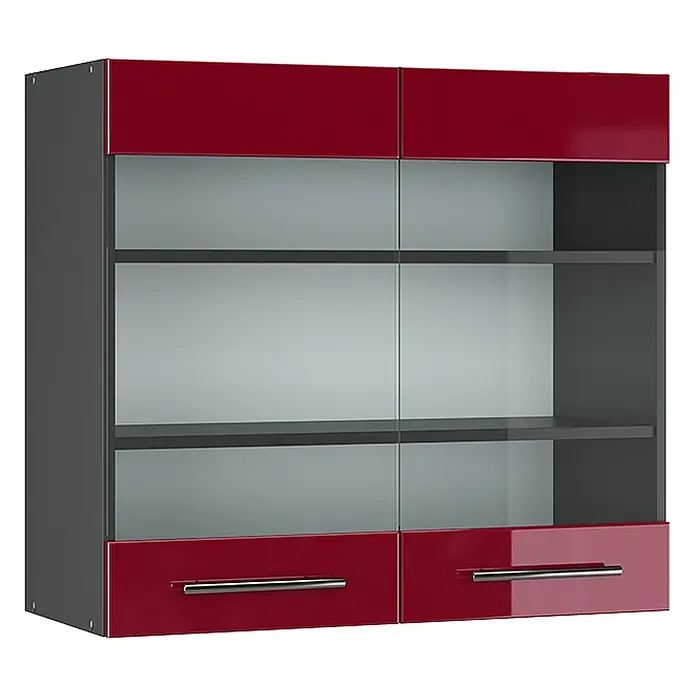 Vicco Schrankküche Fame-Line Bordeaux Hochglanz - Bordeaux Hochglanz, Hängeglasschrank 80 cm - Roter und dunkelgrauer Hängeschrank mit Glastüren und Schubladen.