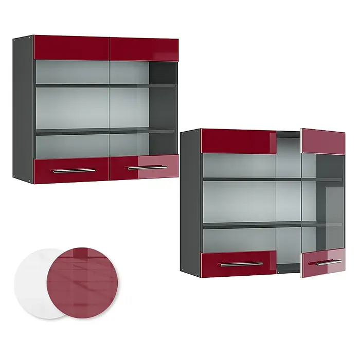 Vicco Schrankküche Fame-Line Bordeaux Hochglanz - Bordeaux Hochglanz, Hängeglasschrank 80 cm - Roter und dunkelgrauer Wandschrank mit Glastüren und Schubladen, geschlossen und geöffnet. Inklusive roten und weißen Farbmustern.