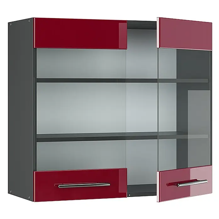 Vicco Schrankküche Fame-Line Bordeaux Hochglanz - Bordeaux Hochglanz, Hängeglasschrank 80 cm - Moderner grauer Hängeschrank mit roten Hochglanzpaneelen, Glastüren und silbernen Griffen. Eine obere und eine untere Tür sind offen.