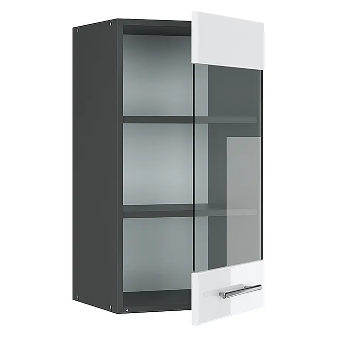 Vicco Schrankküche Fame-Line Weiß Hochglanz - Weiß Hochglanz, Hängeglasschrank 40 cm - Dunkelgrauer Wandschrank mit Glastür, weißen Paneelen und silbernem Griff, der interne Regale zeigt.