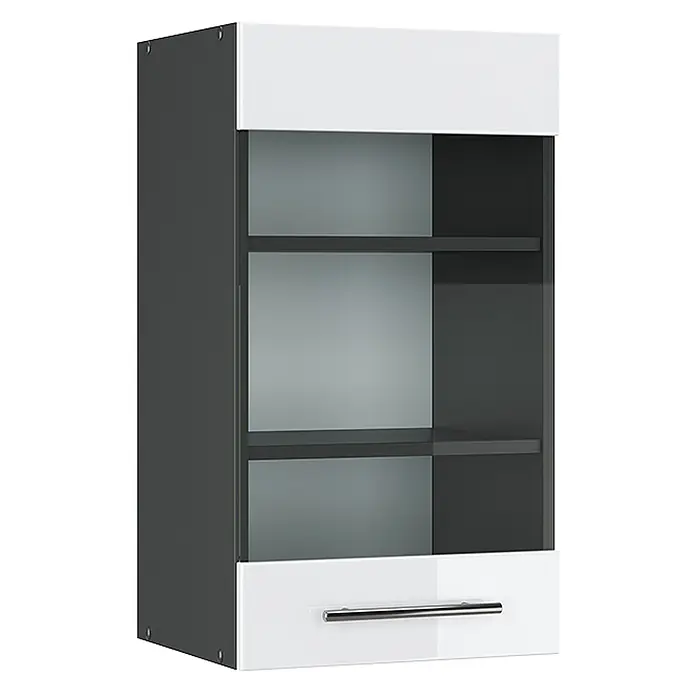 Vicco Schrankküche Fame-Line Weiß Hochglanz - Weiß Hochglanz, Hängeglasschrank 40 cm - Modernes Wandregal in Weiß und Dunkelgrau mit Schublade und transparenten Ablagefächern.