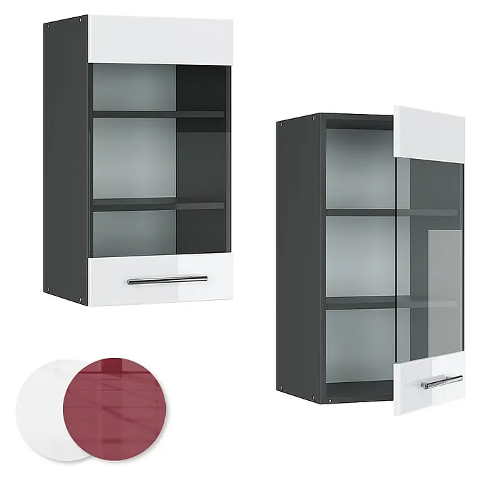 Vicco Schrankküche Fame-Line Weiß Hochglanz - Weiß Hochglanz, Hängeglasschrank 40 cm - Modernes dunkelgraues Hängeschrank mit weißer Front, Glasböden und optionalen weißen/roten Farbeinsätzen.