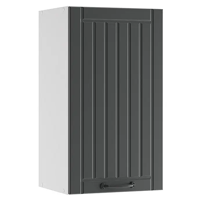 Vicco Schrankküche Fame-Line Anthrazit Landhaus - Anthrazit Landhaus, Hängeschrank 40 cm - Dunkelgrauer Wandschrank mit vertikal getäfelter Tür, weißen Seiten und dunklem Griff.