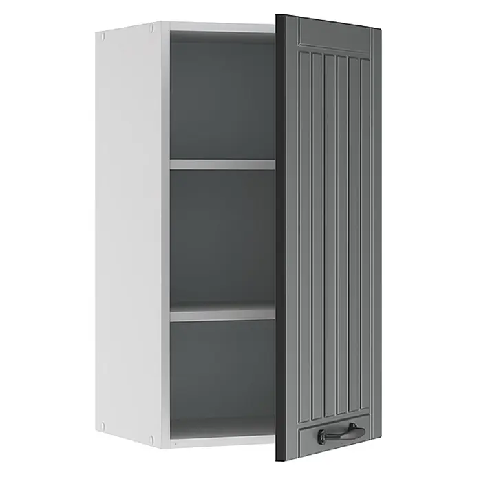 Vicco Schrankküche Fame-Line Anthrazit Landhaus - Anthrazit Landhaus, Hängeschrank 40 cm - Weißer Wandschrank mit einer dunkelgrauen Lamellentür, leicht geöffnet, um zwei Innenregale und einen schwarzen Griff zu zeigen.