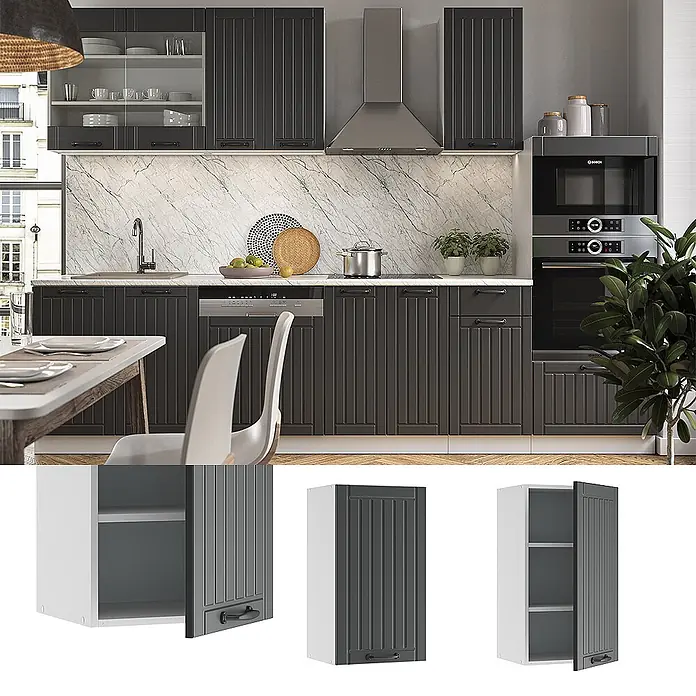 Vicco Schrankküche Fame-Line Anthrazit Landhaus - Anthrazit Landhaus, Hängeschrank 40 cm - Dunkelgraue gerillte Küchenschränke mit schwarzen Griffen in einer modernen Küche. Einzelner Oberschrank offen und geschlossen gezeigt.