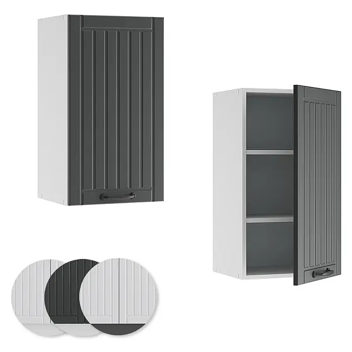Vicco Schrankküche Fame-Line Anthrazit Landhaus - Anthrazit Landhaus, Hängeschrank 40 cm - Dunkelgrauer gerippter Küchenhängeschrank, geschlossen und offen mit zwei Regalböden gezeigt. In verschiedenen Farben erhältlich.