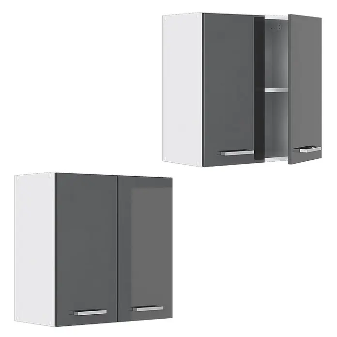 Vicco Schrankküche R-Line Anthrazit Hochglanz - Anthrazit Hochglanz, Hängeschrank 60 cm - Zwei moderne zweitürige Hängeschränke in Grau-Weiß mit silbernen Griffen, einer offen mit Regal.