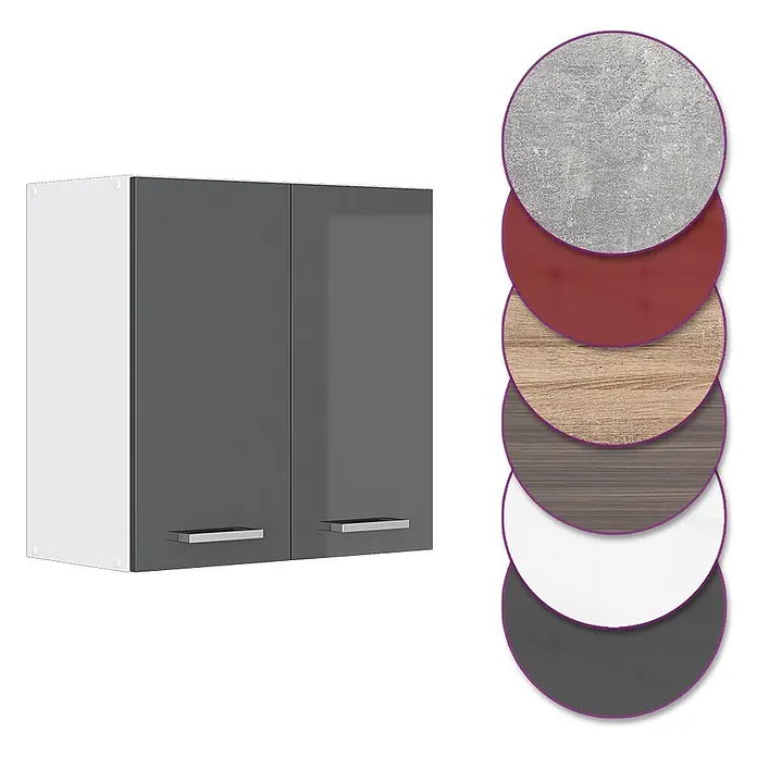 Vicco Schrankküche R-Line Anthrazit Hochglanz - Anthrazit Hochglanz, Hängeschrank 60 cm - Dunkelgrauer Wandschrank mit weißen Seiten und Griffen. Inkl. Muster für alternative Materialien u. Farben.