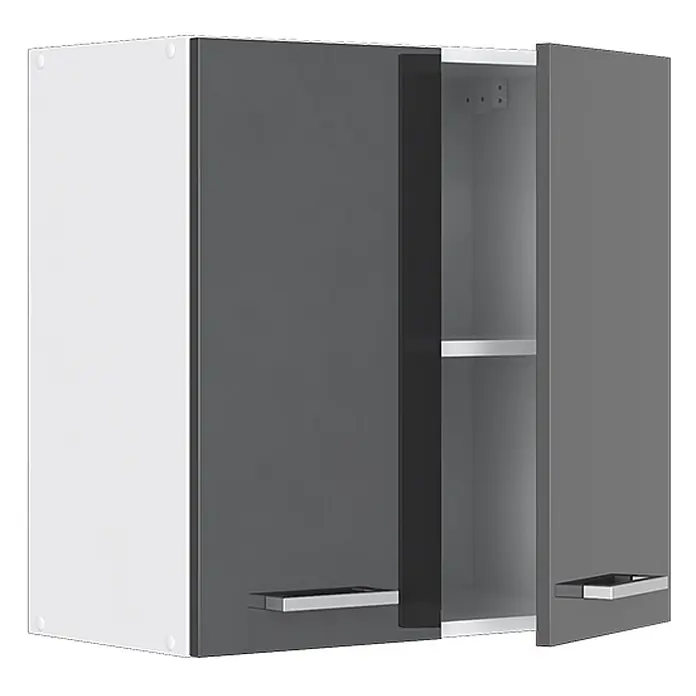 Vicco Schrankküche R-Line Anthrazit Hochglanz - Anthrazit Hochglanz, Hängeschrank 60 cm - Zweitüriger grau-weißer Wandschrank mit silbernen Griffen, teilweise geöffnet mit Innenregal.