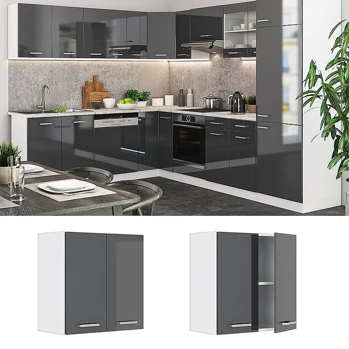 Vicco Schrankküche R-Line Anthrazit Hochglanz - Anthrazit Hochglanz, Hängeschrank 60 cm - Moderne L-förmige Küche mit dunkelgrauen Hochglanzschränken, weißen Rahmen und integrierten Geräten.
