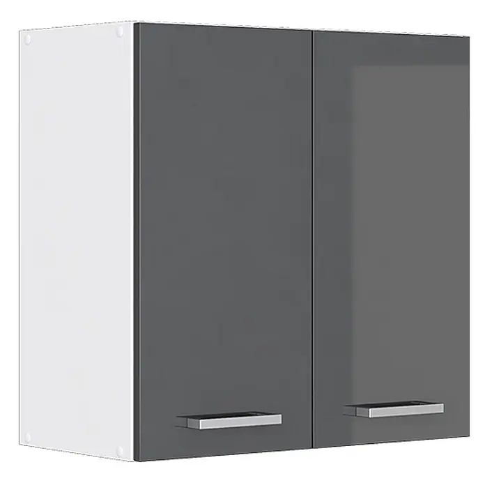 Vicco Schrankküche R-Line Anthrazit Hochglanz - Anthrazit Hochglanz, Hängeschrank 60 cm - Weißer Hängeschrank mit zwei dunkelgrauen Hochglanztüren und silbernen Griffen.
