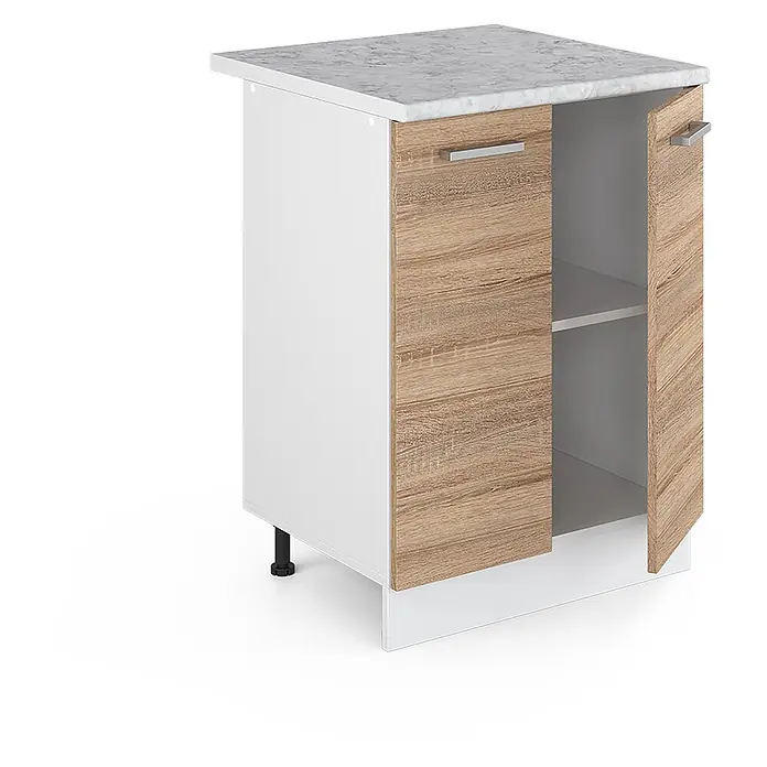 Vicco Schrankküche R-Line Sonoma, AP Marmor - Sonoma, Unterschrank 60 cm, AP Marmor - Weißer Küchenunterschrank mit hellen Holzoptik-Türen, Marmor-Arbeitsplatte und einem Einlegeboden.