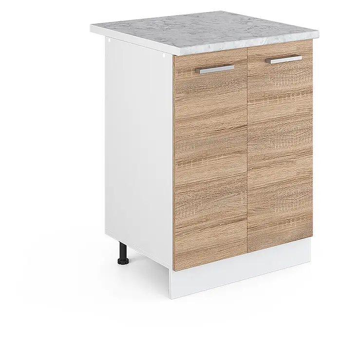 Vicco Schrankküche R-Line Sonoma, AP Marmor - Sonoma, Unterschrank 60 cm, AP Marmor - Weißer Küchenunterschrank mit hellen Holzmaserungstüren, silbernen Griffen und grauer Marmor-Arbeitsplatte.