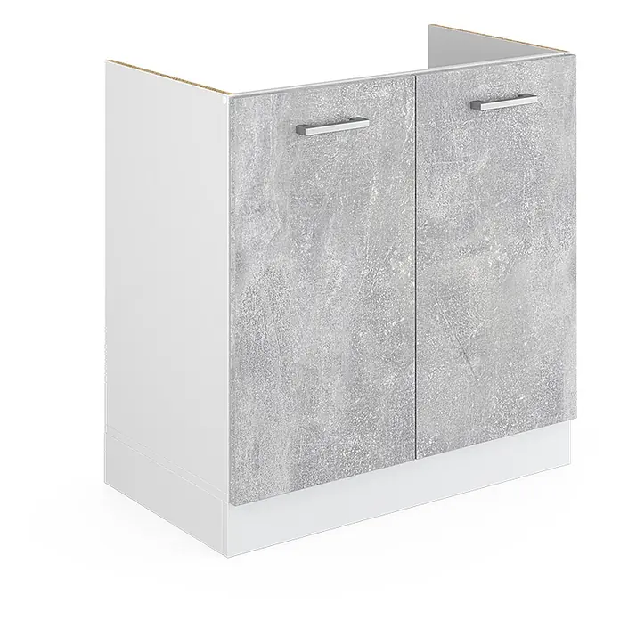 Vicco Schrankküche R-Line Beton ohne Arbeitsplatte - Beton, Spülenunterschrank 80 cm - Weißer Unterschrank mit zwei Türen in Betonoptik, Metallgriffen und Sockel.