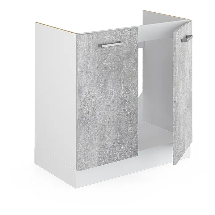 Vicco Schrankküche R-Line Beton, AP Anthrazit - Beton, Spülenunterschrank 80 cm, AP Anthrazit - Weißer Küchenunterschrank mit zwei grauen Türen in Betonoptik und silbernen Griffen, leicht geöffnet.