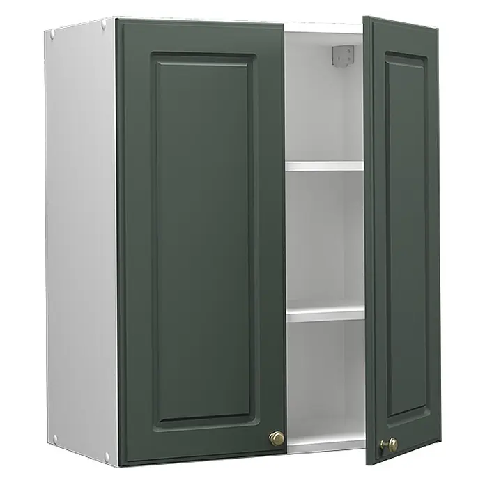 Vicco Schrankküche Fame-Line Grün-Gold Landhaus - Grün-Gold Landhaus, Hängeschrank 60 cm - Dunkelgrüner zweitüriger Wandschrank mit weißem Korpus, goldenen Knäufen und zwei Einlegeböden.
