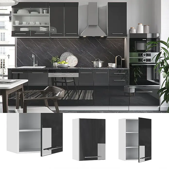 Vicco Schrankküche Fame-Line Anthrazit Hochglanz - Anthrazit Hochglanz, Hängeschrank 50 cm - Moderne Küche mit dunkelgrauen Hochglanzschränken, teilweise mit weißer Innenausstattung und integrierten Geräten.