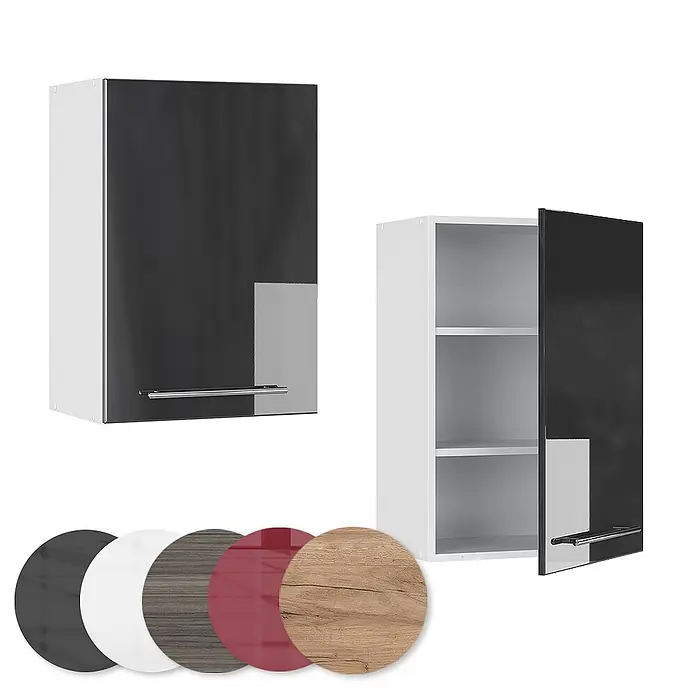 Vicco Schrankküche Fame-Line Anthrazit Hochglanz - Anthrazit Hochglanz, Hängeschrank 50 cm - Hängeschrank mit schwarzer Hochglanztür und weißem Korpus, geschlossen und offen mit Regalböden gezeigt. Diverse Muster enthalten.