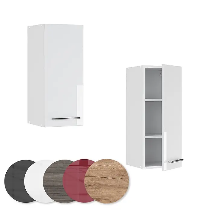 Vicco Schrankküche Fame-Line Weiß Hochglanz - Weiß Hochglanz, Hängeschrank 30 cm - Zwei weiße Hängeschränke, einer geschlossen, einer offen mit Einlegeböden. Farbmuster zeigen verschiedene Oberflächen.