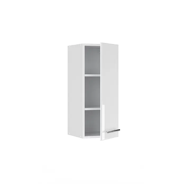 Vicco Schrankküche Fame-Line Weiß Hochglanz - Weiß Hochglanz, Hängeschrank 30 cm - Weißer Wandschrank mit teilweise geöffneter Tür, zwei Innenböden und einem silbernen Griff.