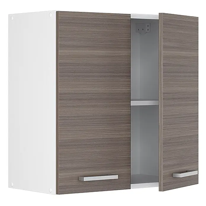 Vicco Schrankküche R-Line Edelgrau - Edelgrau, Hängeschrank 60 cm - Zweitüriger Hängeschrank mit weißem Korpus, holzgemaserten grau-braunen Türen, silbernen Griffen und einem Einlegeboden.