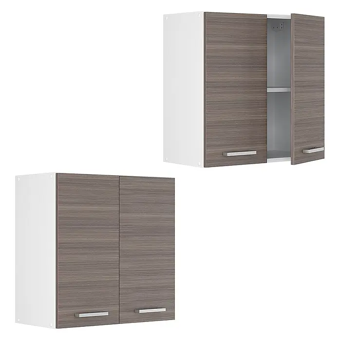 Vicco Schrankküche R-Line Edelgrau - Edelgrau, Hängeschrank 60 cm - Zwei weiße und braun-holzgemaserte Küchenwandschränke, einer offen mit Regal, beide mit silbernen Griffen.
