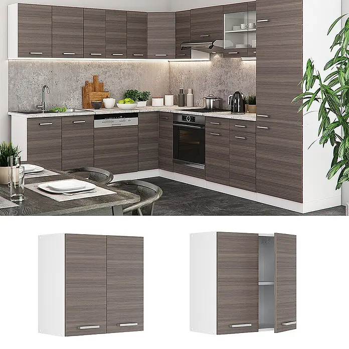Vicco Schrankküche R-Line Edelgrau - Edelgrau, Hängeschrank 60 cm - Moderne L-förmige Küche mit dunklen Holzmaserungsschränken, weißen Arbeitsplatten und integrierten Geräten.