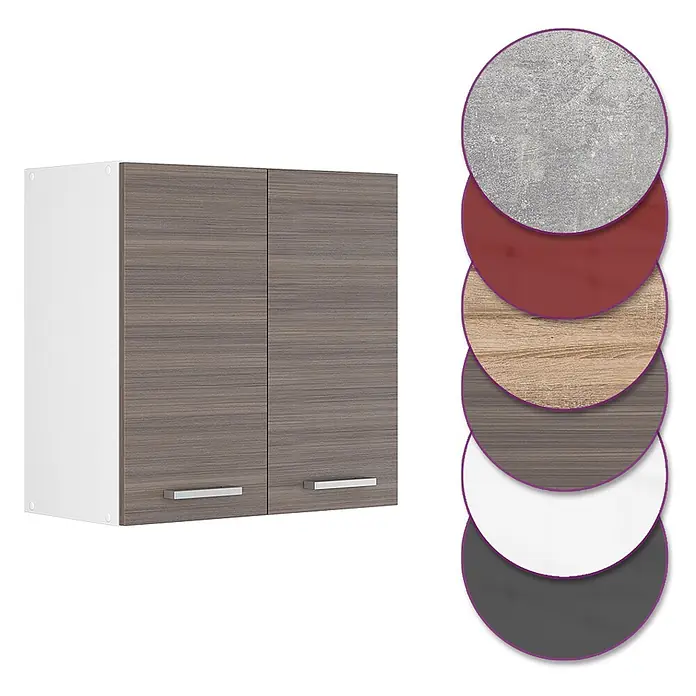 Vicco Schrankküche R-Line Edelgrau - Edelgrau, Hängeschrank 60 cm - Zweitüriger Wandschrank mit weißem Korpus, Holzmaserungstüren und mehreren Farb-/Materialmustern.