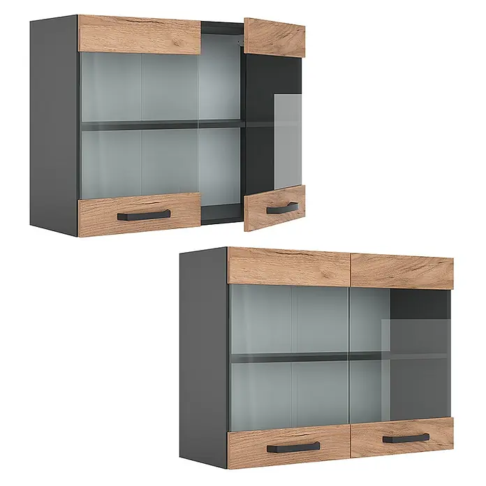 Vicco Schrankküche R-Line Goldkraft Eiche - Goldkraft Eiche, Hängeglasschrank 80 cm - Dunkelgrauer Wandschrank mit satinierten Glastüren und hellen Holzpaneelen, schwarzen Griffen.
