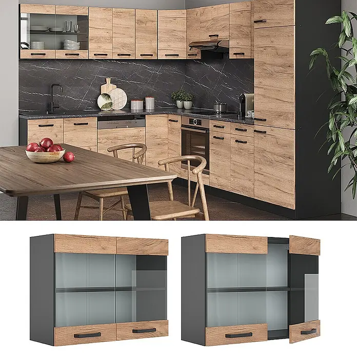 Vicco Schrankküche R-Line Goldkraft Eiche - Goldkraft Eiche, Hängeglasschrank 80 cm - Moderne Küche mit heller Eichenholzoptik und dunkelgrauem Design, inklusive Wandschränken mit Glastüren.
