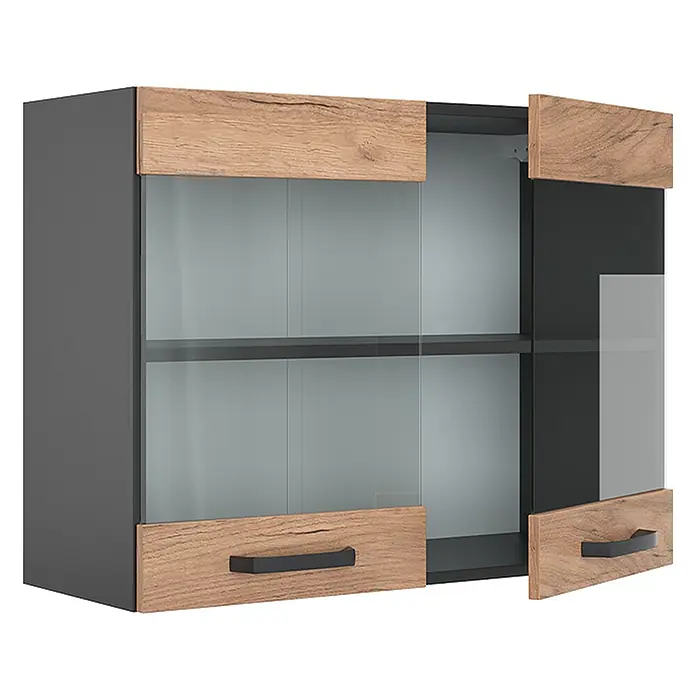 Vicco Schrankküche R-Line Goldkraft Eiche - Goldkraft Eiche, Hängeglasschrank 80 cm - Hängeschrank mit dunkelgrauem Korpus, hellen Holzfronten und Glastüren, eine leicht geöffnet.