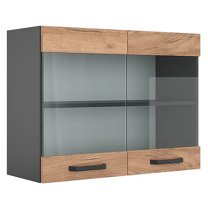 Vicco Schrankküche R-Line Goldkraft Eiche - Goldkraft Eiche, Hängeglasschrank 80 cm - Zweitüriger Hängeschrank mit dunkelgrauem Rahmen, hellen Holzmaserungspanelen oben/unten, Milchglastüren und schwarzen Griffen.