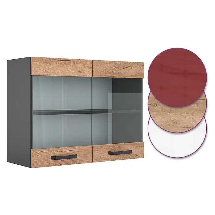 Vicco Schrankküche R-Line Goldkraft Eiche - Goldkraft Eiche, Hängeglasschrank 80 cm - Wandschrank mit dunkelgrauem Korpus, Holzoptik-Ober- und Unterböden, Glastüren und schwarzen Griffen. Zeigt Materialoptionen.