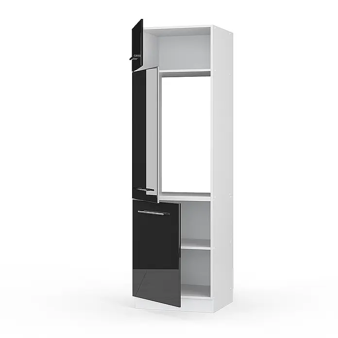 Vicco Schrankküche Fame-Line Anthrazit Hochglanz - Anthrazit Hochglanz, Kühlumbauschrank 60 cm - Hoher weißer Schrank mit schwarzen Hochglanztüren, offen für Regale und weiße Platte.