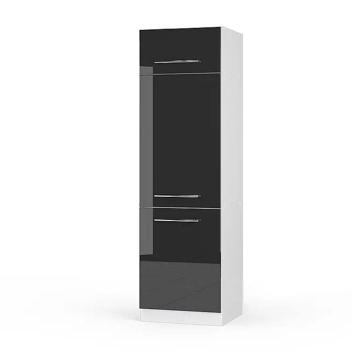 Vicco Schrankküche Fame-Line Anthrazit Hochglanz - Anthrazit Hochglanz, Kühlumbauschrank 60 cm - Hoher weißer Hochschrank mit glänzenden schwarzen Türen und Chromgriffen.