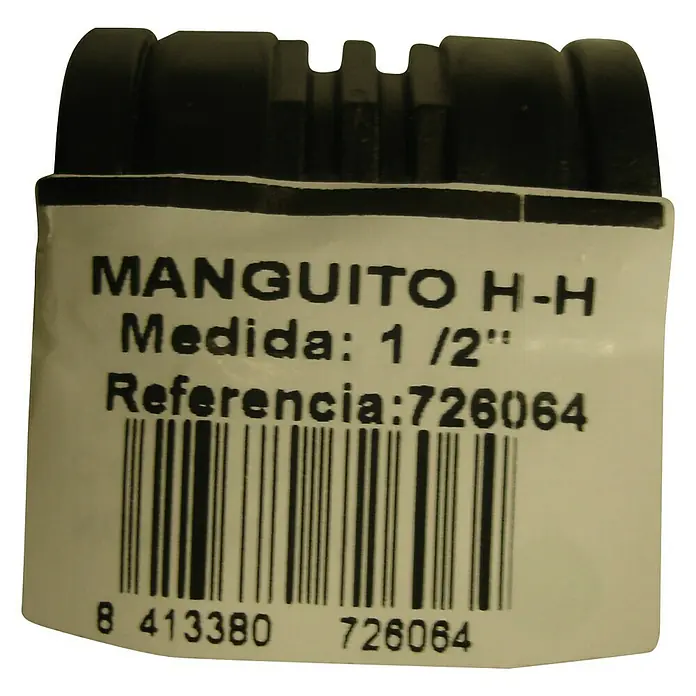 Manguito H-H - ½″, Plástico - Primer plano de un conector negro con una etiqueta que muestra detalles del producto como el tamaño y el número de referencia.