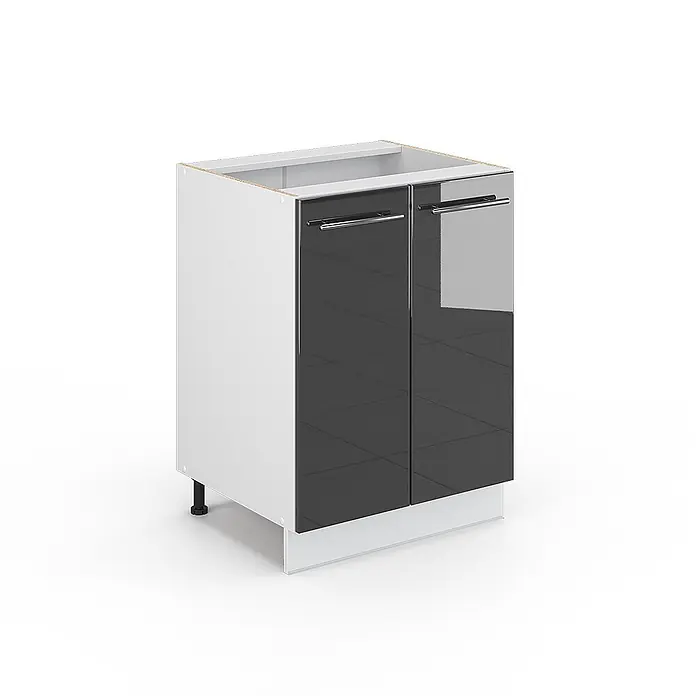 Vicco Schrankküche Fame-Line Anthrazit Hochglanz ohne Arbeitsplatte - Anthrazit Hochglanz, Unterschrank 60 cm - Weißer Küchenunterschrank mit zwei dunkelgrauen Hochglanztüren und Chromgriffen, mit weißem Sockel.