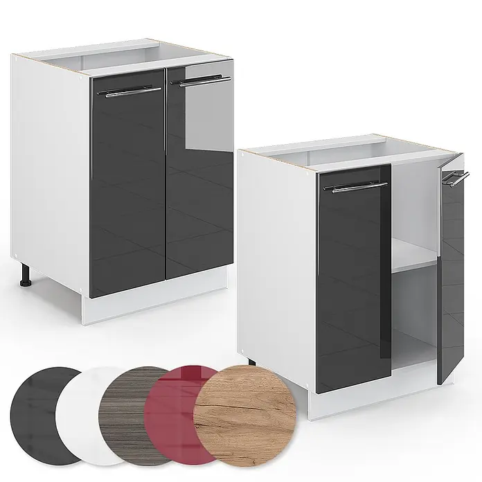 Vicco Schrankküche Fame-Line Anthrazit Hochglanz ohne Arbeitsplatte - Anthrazit Hochglanz, Unterschrank 60 cm - Zwei weiße Unterschränke mit dunklen Hochglanzfronten und Metallgriffen, einer geöffnet mit Regal. Farboptionen angezeigt.