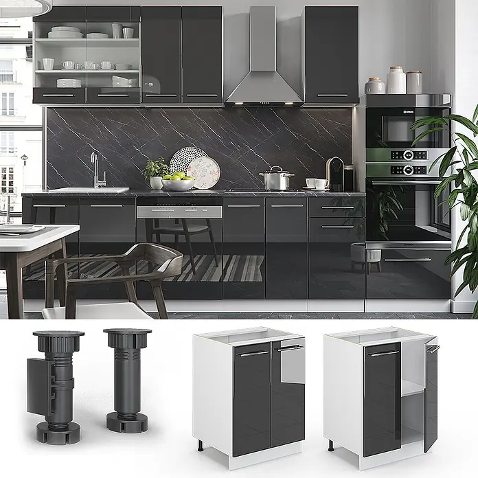 Vicco Schrankküche Fame-Line Anthrazit Hochglanz, AP Anthrazit - Anthrazit Hochglanz, Unterschrank 60 cm, AP Anthrazit - Moderne Küche mit hochglanz Anthrazit Unter- und Oberschränken, verstellbaren Füßen und weißen Innenseiten.
