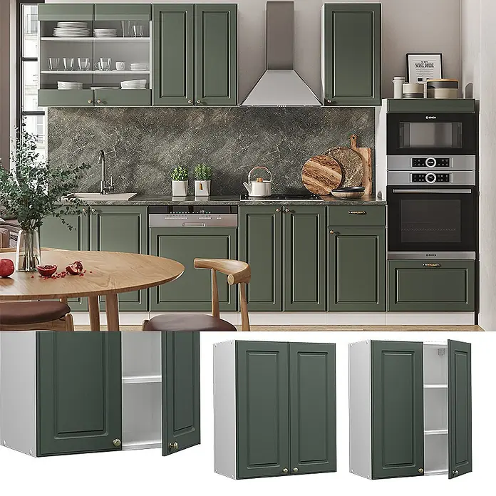 Vicco Schrankküche Fame-Line Grün-Gold Landhaus - Grün-Gold Landhaus, Hängeschrank 60 cm - Dunkelgrüne Küchenschränke mit Kassettentüren und Messingknöpfen, in einer Küche und als Einzelmodule gezeigt.