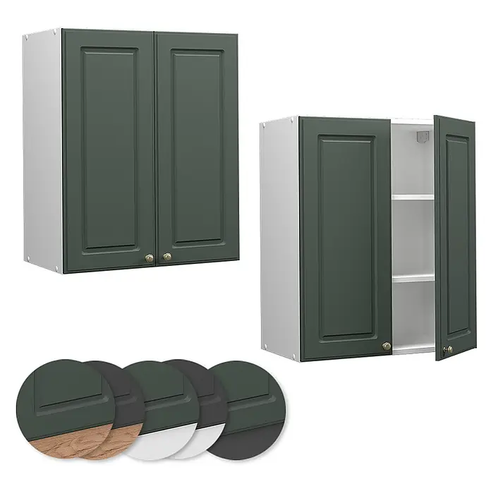 Vicco Schrankküche Fame-Line Grün-Gold Landhaus - Grün-Gold Landhaus, Hängeschrank 60 cm - Dunkelgrüne Küchen-Hängeschränke mit Messinggriffen. Ein Schrank ist offen und zeigt weiße Einlegeböden.