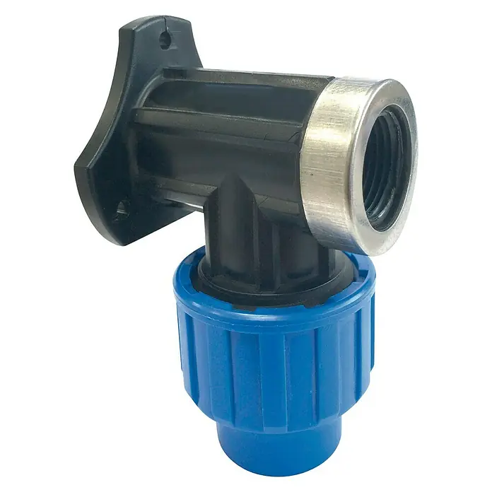 Codo mural grifo montaje rápido - Diámetro: 20 mm, Polietileno, 1 ud. - Imagen de un accesorio de fontanería en forma de T, con montaje en pared, de plástico azul/negro/plateado.