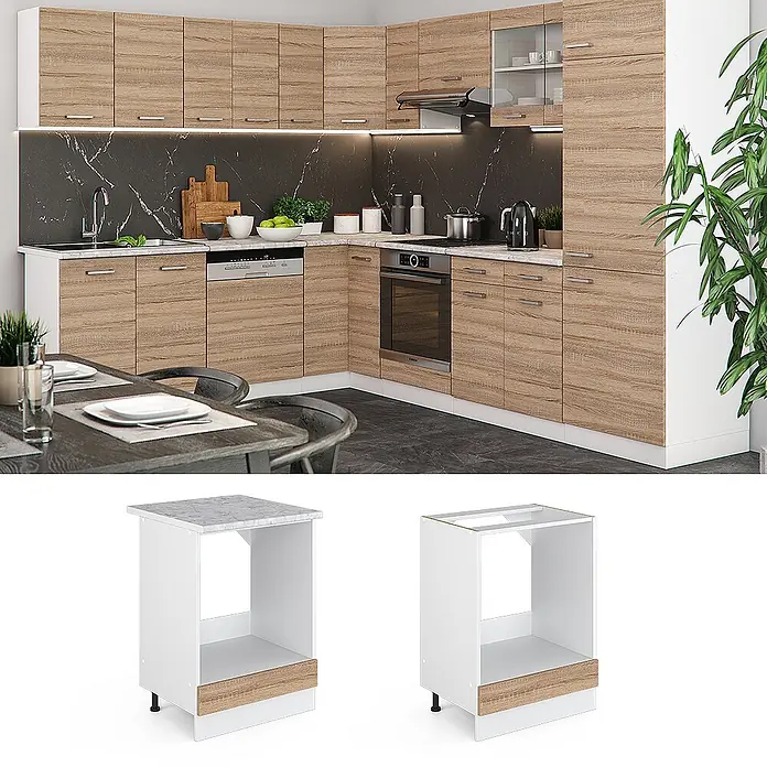 Vicco Schrankküche R-Line Sonoma, AP Eiche - Sonoma, Herdumbauschrank 60 cm, AP Eiche - Weißer Küchenunterschrank für Backofen, mit heller Holzoptik-Blende, Teil einer modernen L-förmigen Küche.