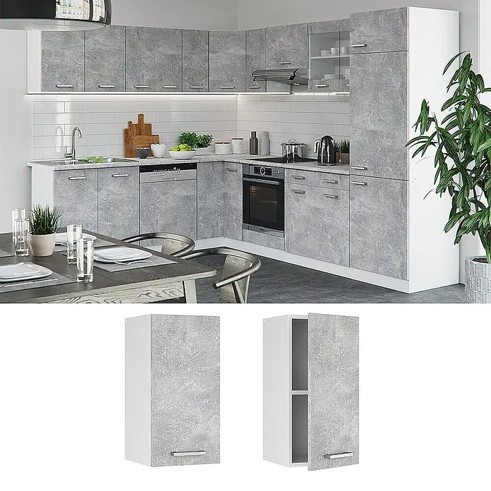 Vicco Schrankküche R-Line Beton - Beton, Hängeschrank 30 cm - Eckküche mit Betondesign-Grauschränken und weißen Arbeitsplatten. Zeigt auch einen einzelnen Hängeschrank, geschlossen und offen.