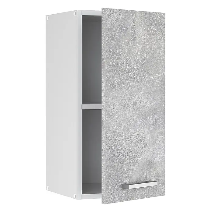 Vicco Schrankküche R-Line Beton - Beton, Hängeschrank 30 cm - Weißer Wandschrank mit einer Tür in Betonoptik, leicht geöffnet, zeigt Innenregal und silbernen Griff.