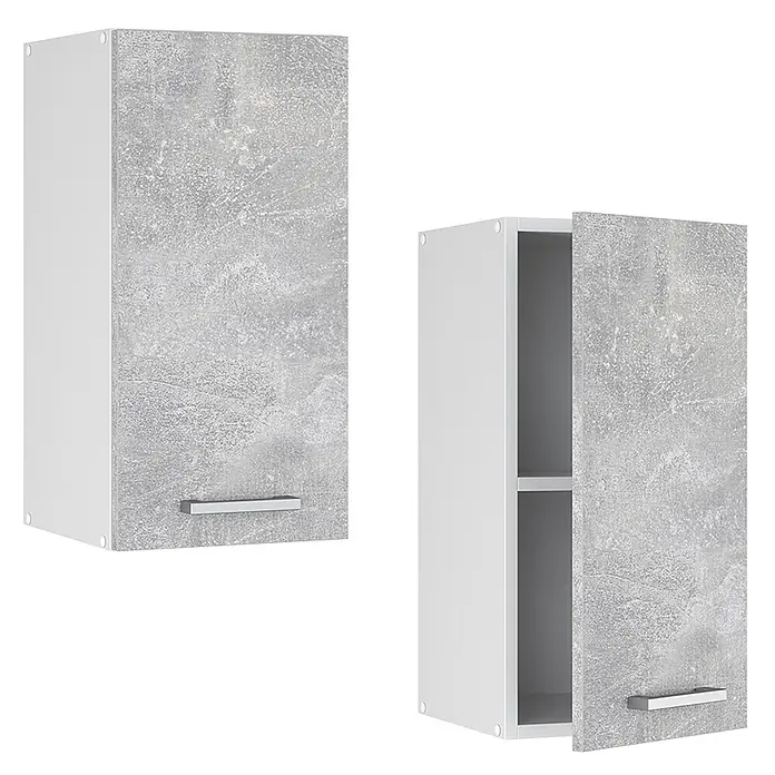 Vicco Schrankküche R-Line Beton - Beton, Hängeschrank 30 cm - Zwei Hängeschränke mit weißem Korpus und grauen Betonoptik-Türen, einer offen mit Regal. Jeder hat einen silbernen Griff.