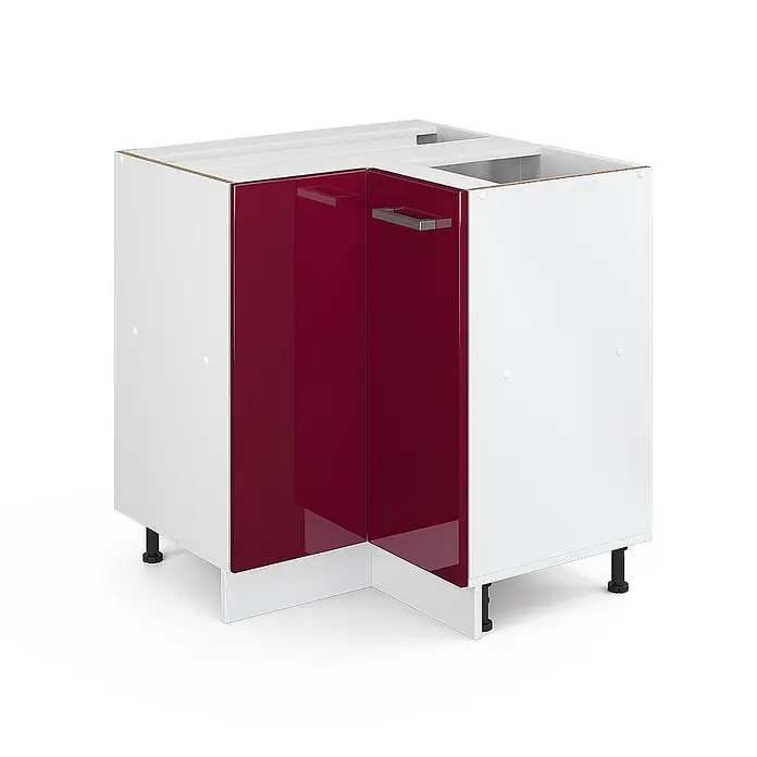 Vicco Schrankküche R-Line Rot Hochglanz ohne Arbeitsplatte - Rot Hochglanz, Eckunterschrank - Weißer Küchen-Eckunterschrank mit zwei glänzenden dunkelroten Türen, Metallgriffen und verstellbaren Füßen.