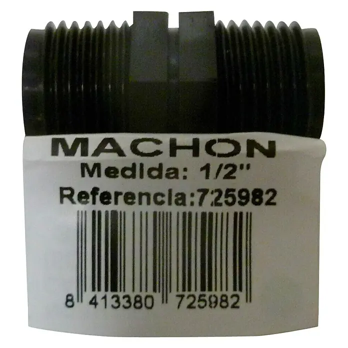 Machón roscado M-M - ½″, Plástico - Primer plano de un accesorio de doble niple negro con etiqueta. Diseñado para tubos de 1/2", con código de barras y número de referencia 725982.