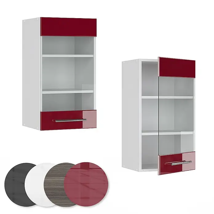 Vicco Schrankküche Fame-Line Bordeaux Hochglanz - Bordeaux Hochglanz, Hängeglasschrank 40 cm - Weißer Wandschrank mit glänzend dunkelroter oberer Platte, unterer Schublade, Glasmittelteil und silbernem Griff.